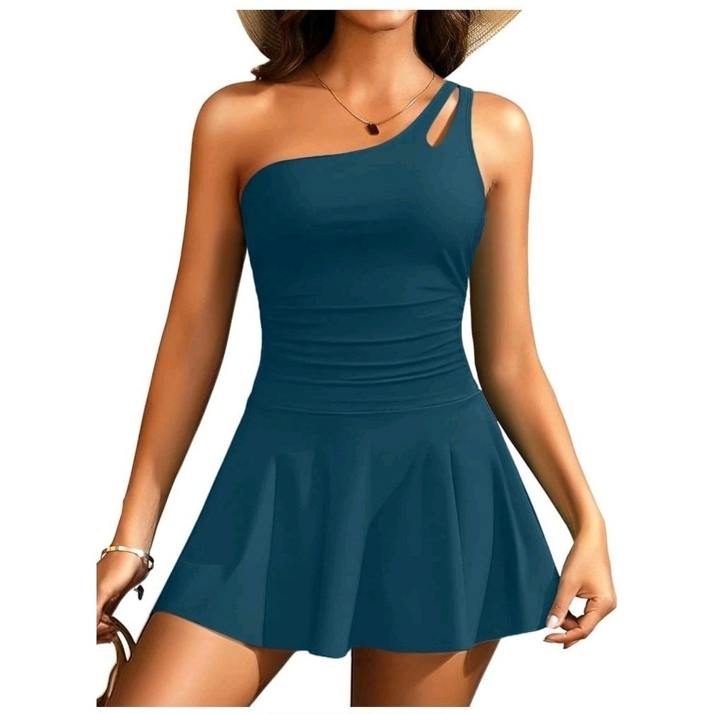 Women's Swimdress Large Teal Asymmetrical Swimsuit Skirt One-Piece Blue